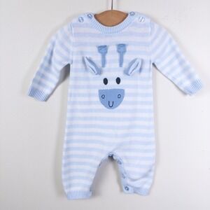 Boboli Spain Giraffe Knit Romper Baby Newborn Blue White Striped